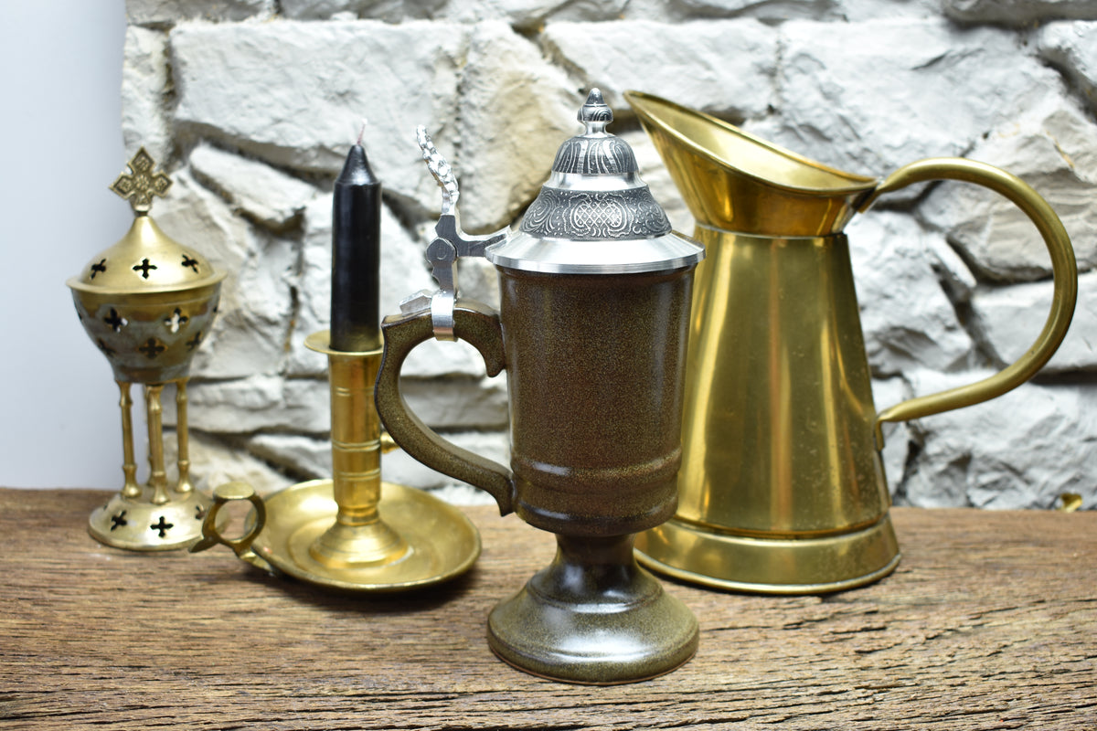 Handmade ceramic chalice with pewter lid - brown
