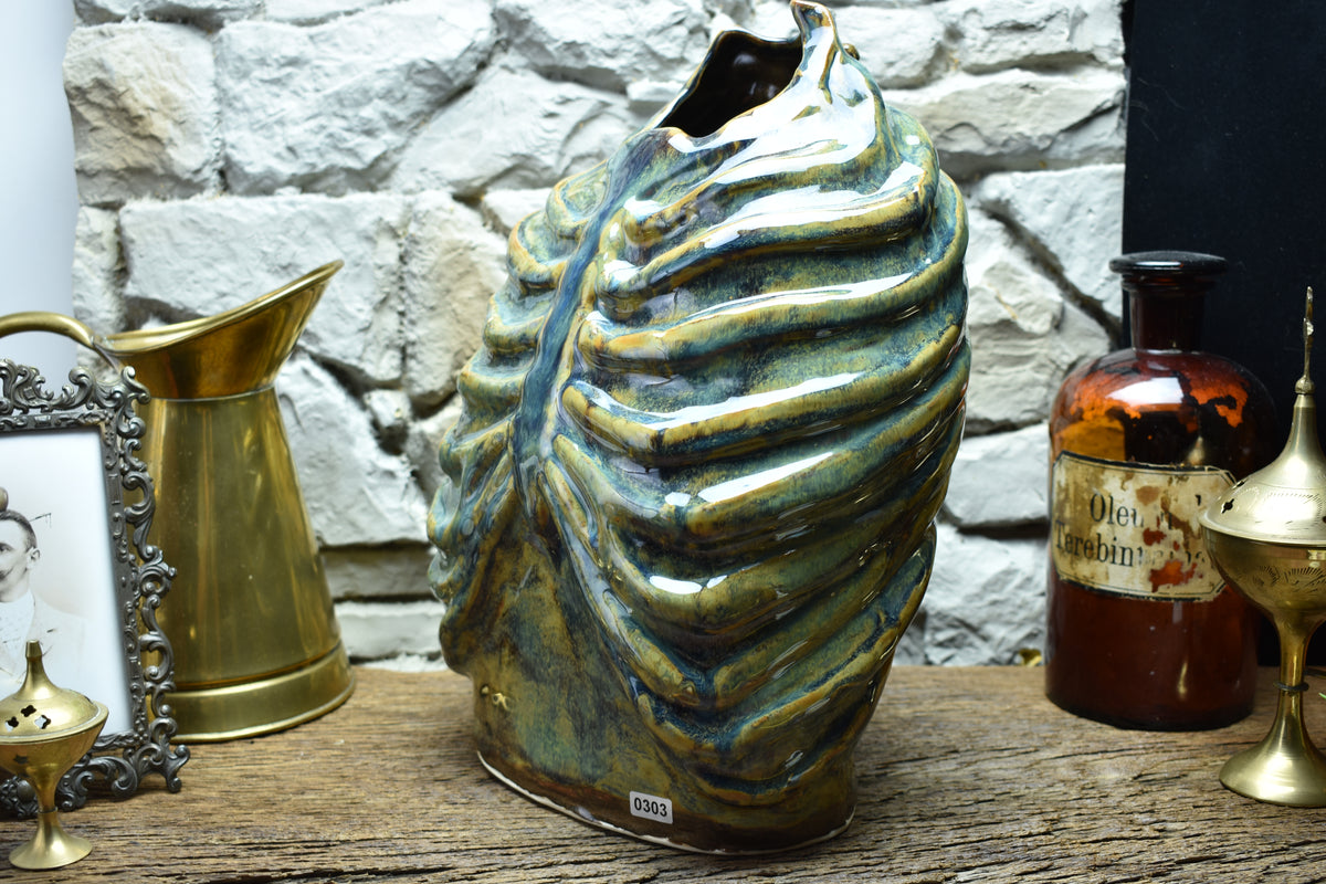 Handmade ribcage vase brown/blue/green effect glaze