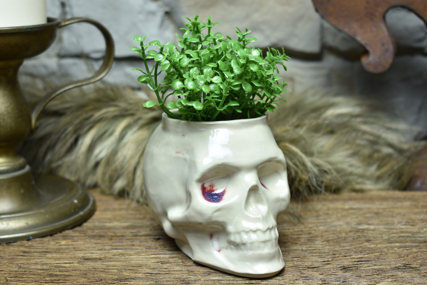 Small skull plantpot white and red bloody effect glaze
