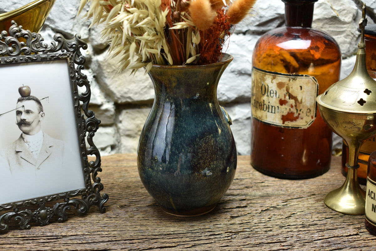 Handmade small vase with deathmoth brown/blue/green effect glaze 2