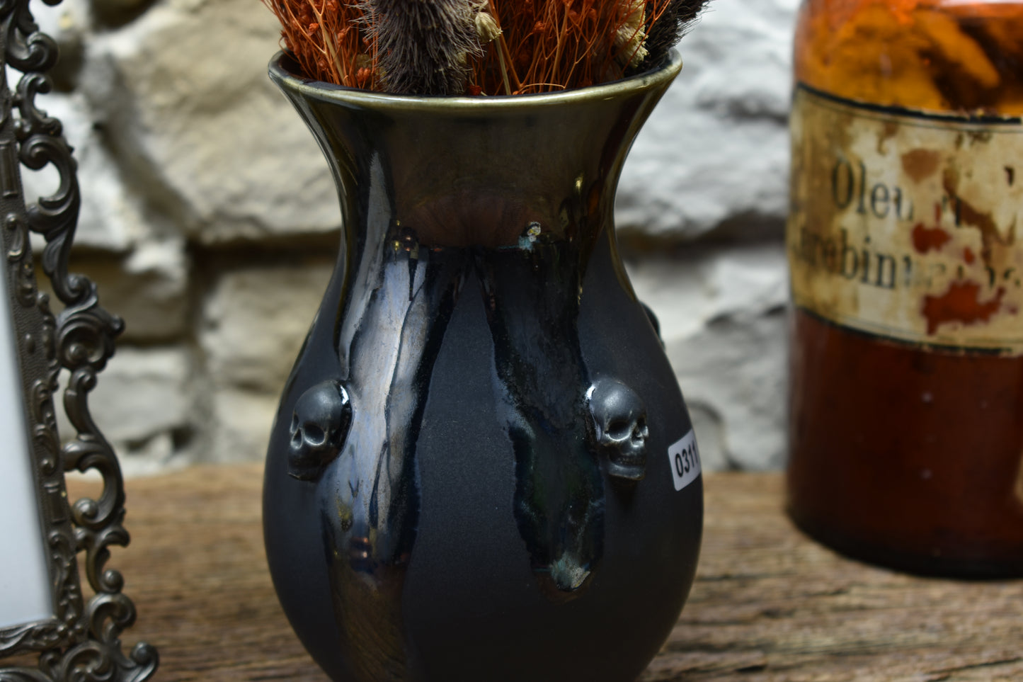 Handmade small vase with skulls black/shiny black effect glaze