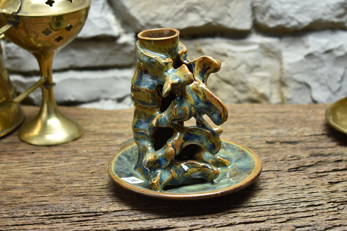 Spine candle holder small blue/brown/green effect glaze