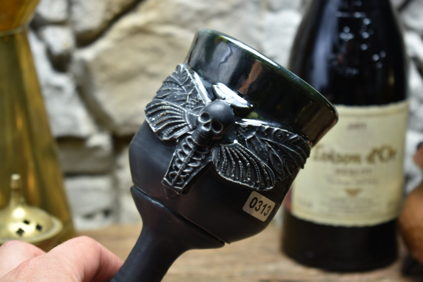 Handmade ceramic wine goblet with deathmoth - black/shiny black effect glaze