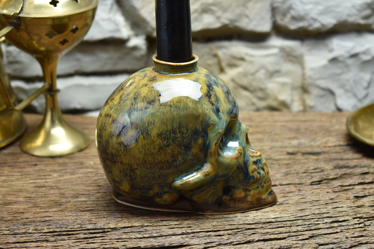 Skull candle holder blue/brown/green effect glaze