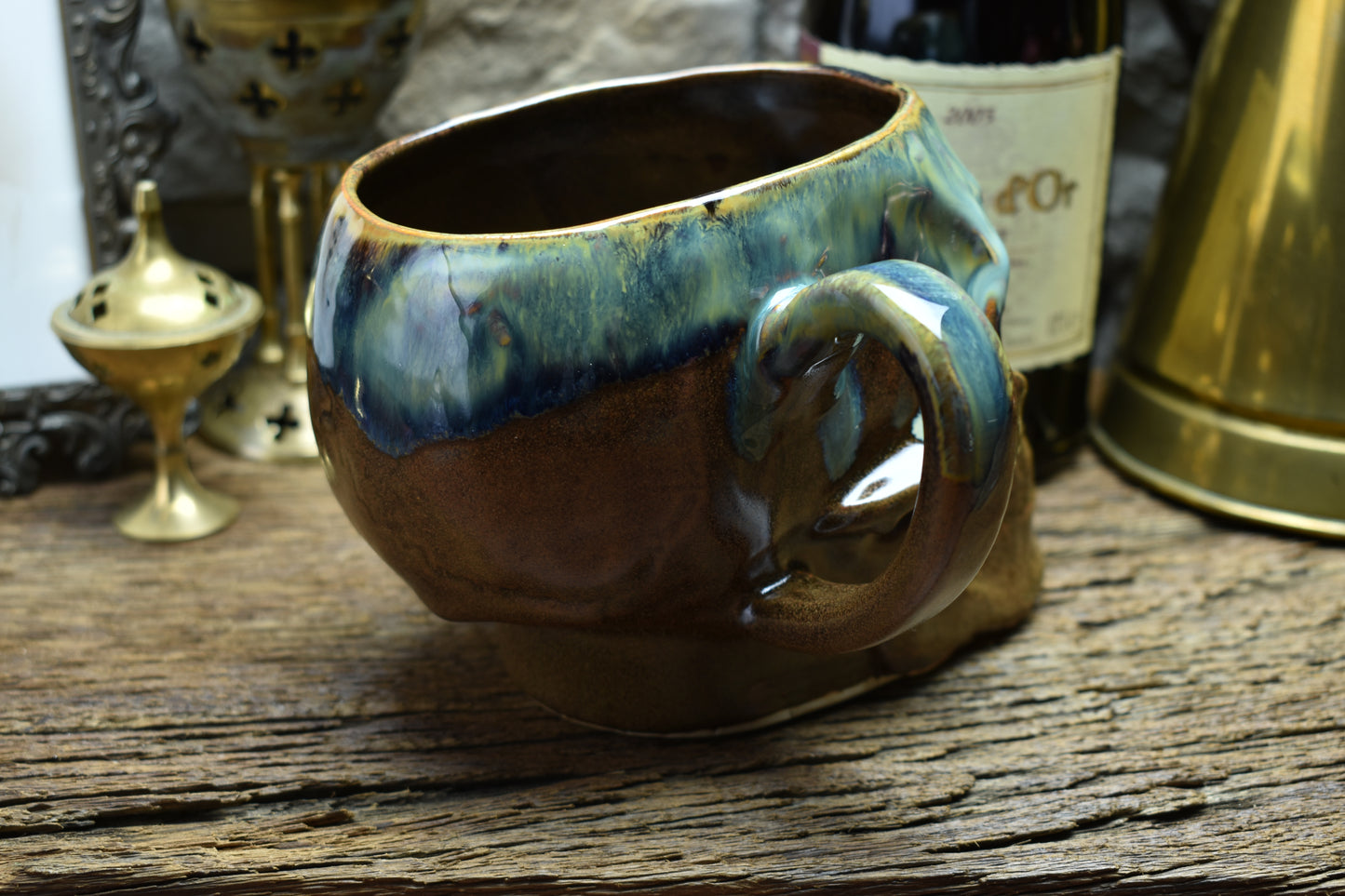 Skull mug Large brown and green/blue effect glaze