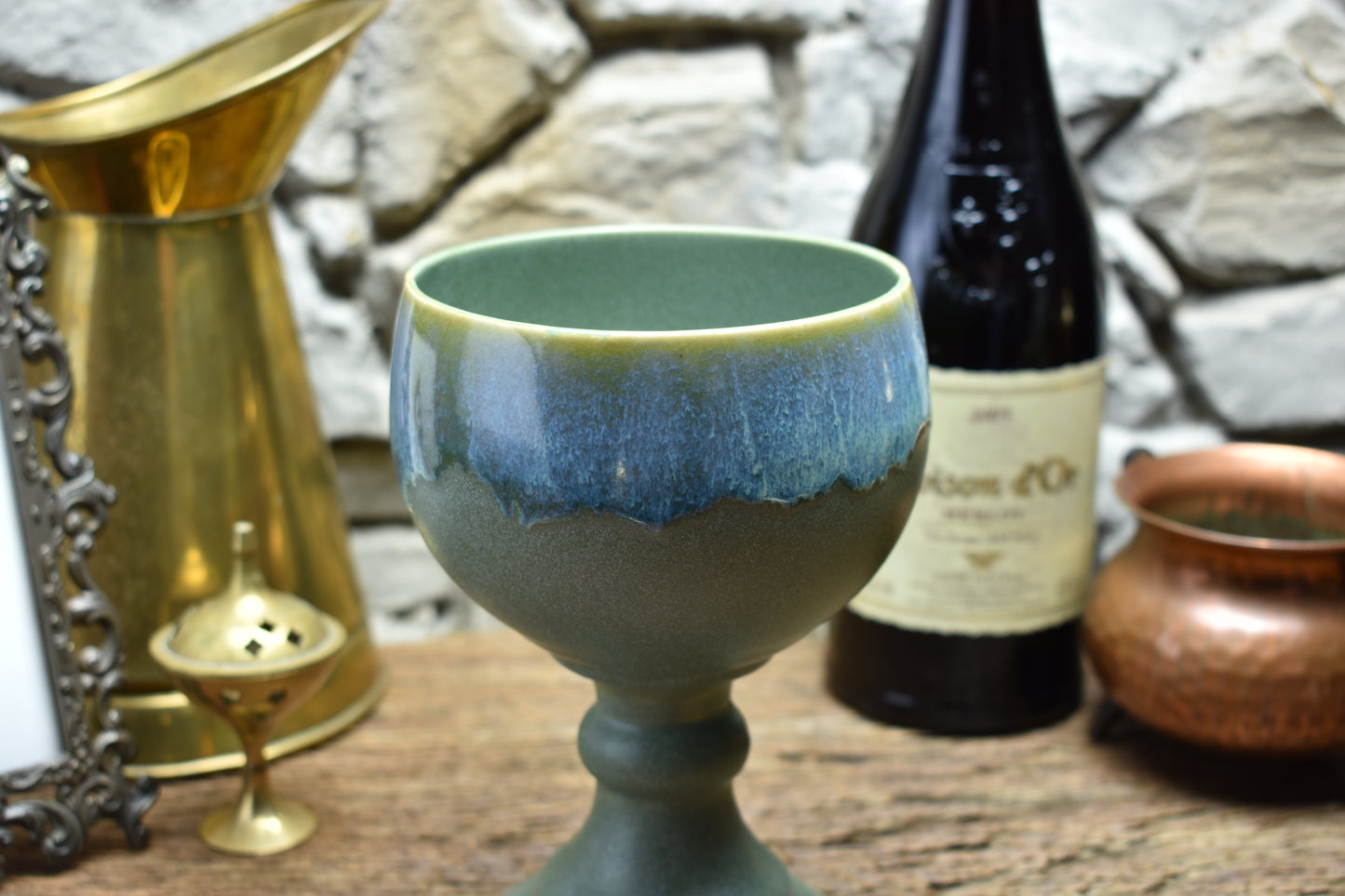 Handmade ceramic grail - green/effect glaze