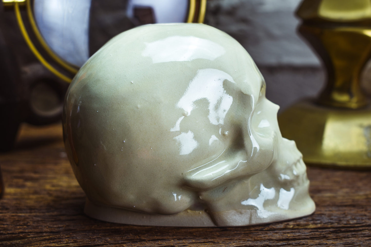 Handmade ceramic skull candle holder shiny offwhite glaze