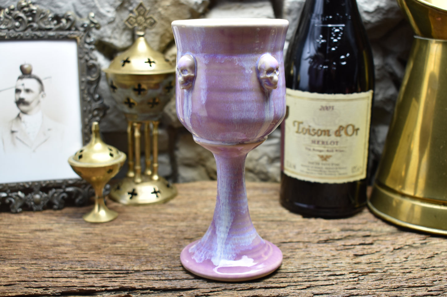 Handmade ceramic wine goblet with skulls - lilac effect glaze 2