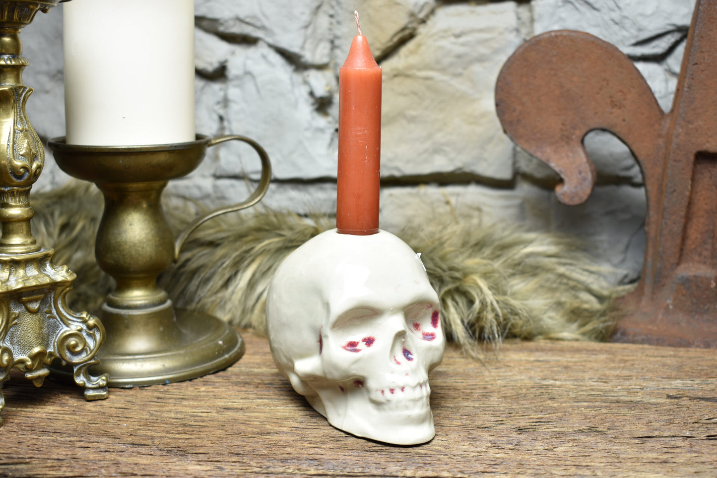 Handmade ceramic skull candle holder white with red blood effect glaze 1