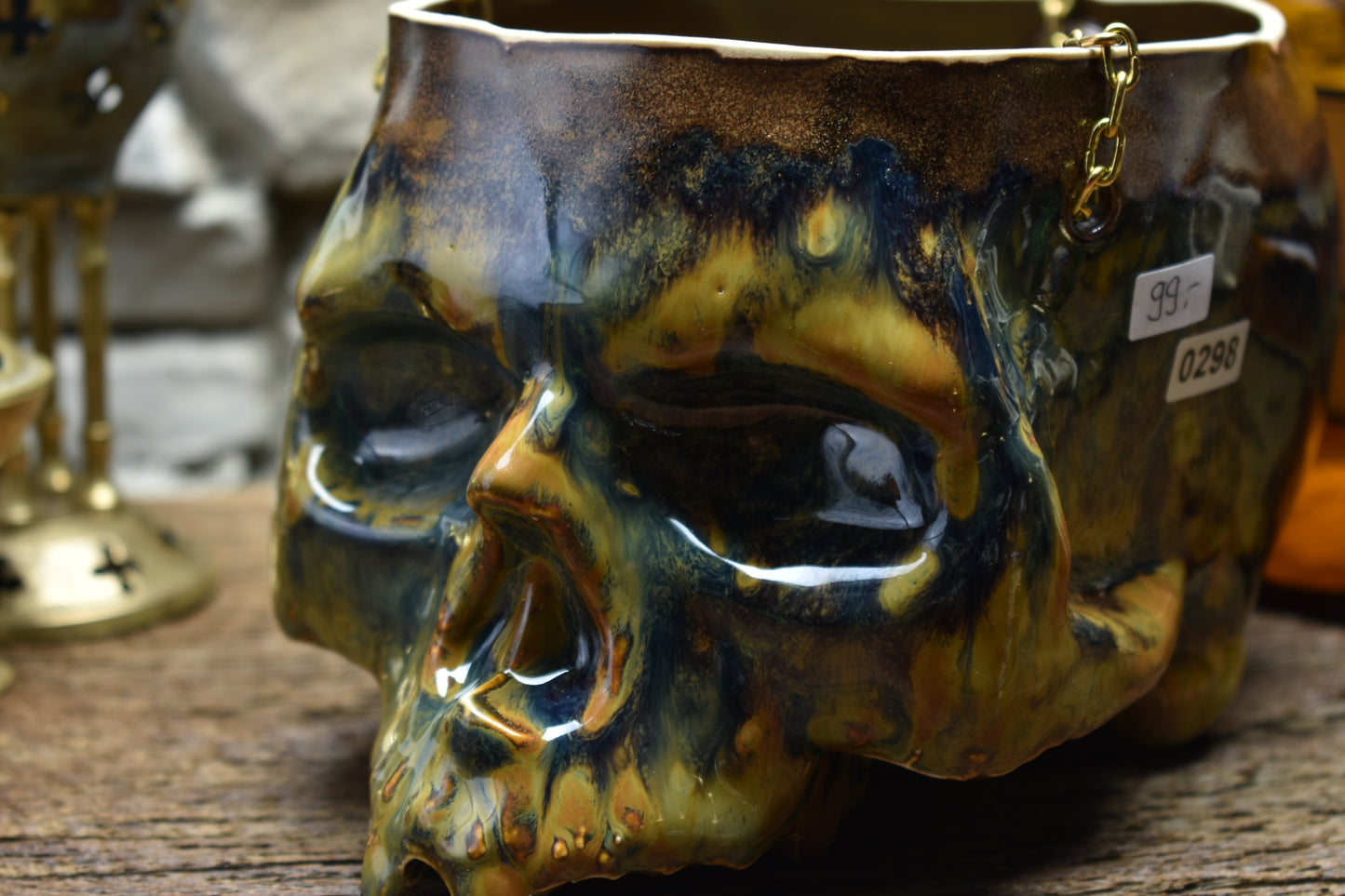 Large hanging skull plantpot blue/brown effect glaze 2