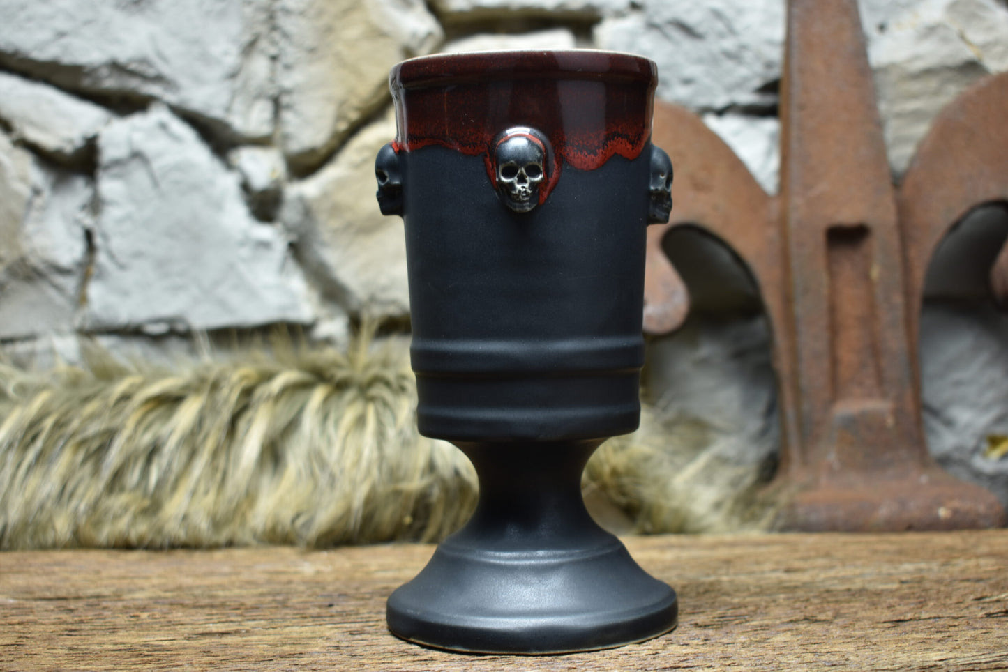 Handmade ceramic skull chalice 330ML with black matt and red glaze