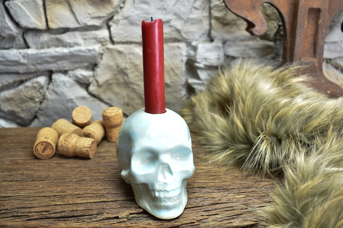 Handmade ceramic skull candle holder light blue