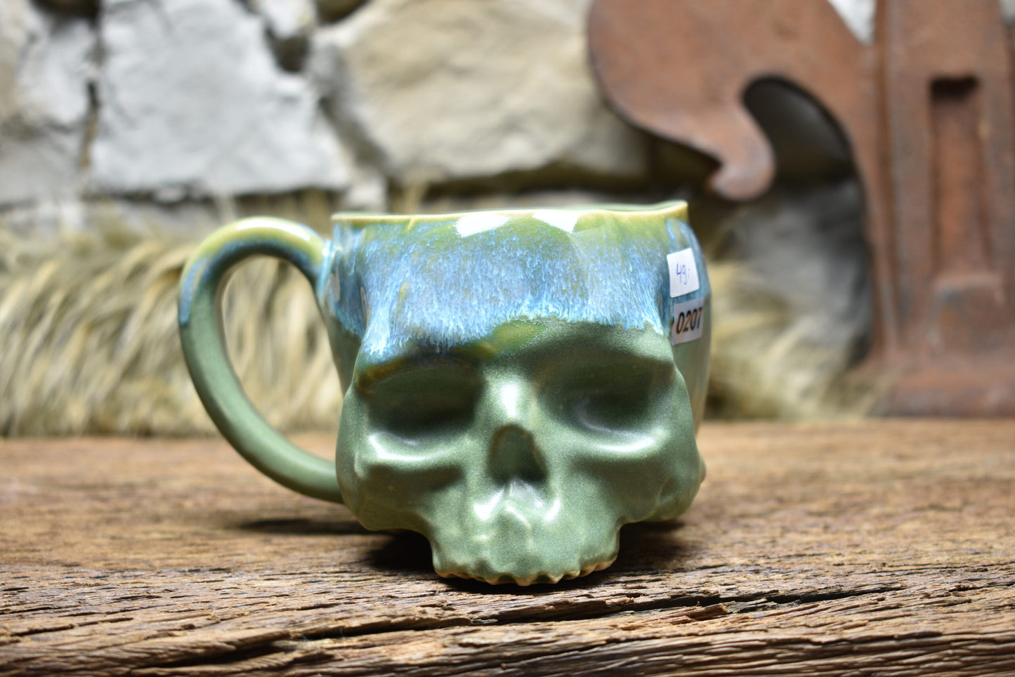 Skull mug green matt and blue effect glaze 2