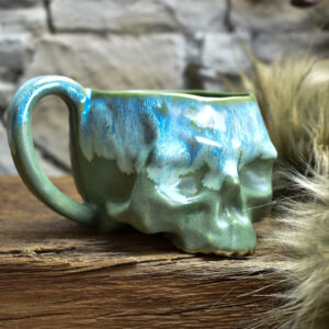 Skull mug green matt and blue effect glaze 1