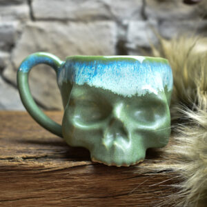 Skull mug green matt and blue effect glaze 2