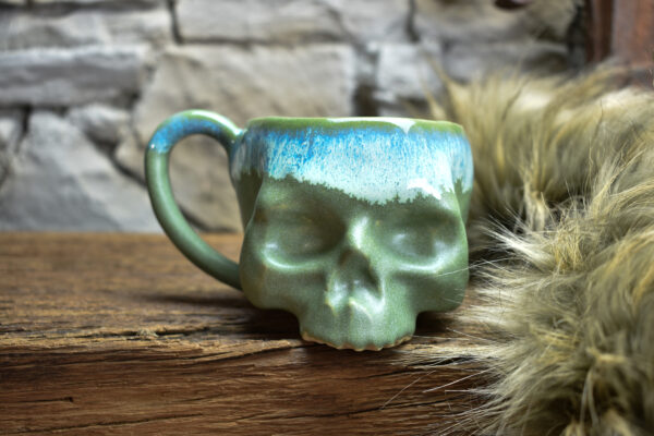 Skull mug green matt and blue effect glaze 2