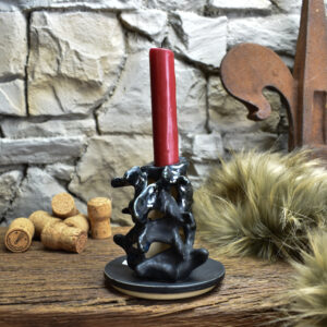 Handmade ceramic small spine candle holder black matt and shine combi