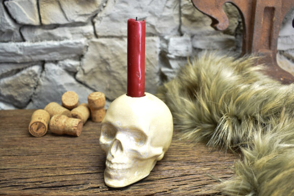 Handmade ceramic skull candle holder beige