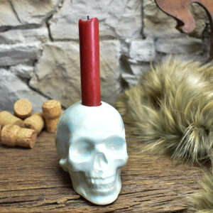 Handmade ceramic skull candle holder light blue