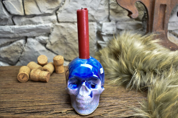 Handmade ceramic skull candle holder matt purple and shiny blue - Image 3
