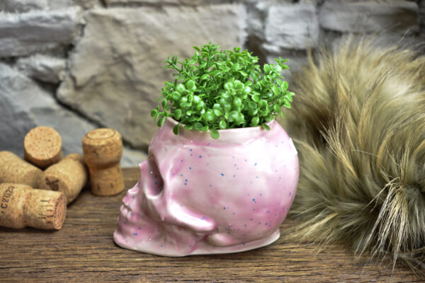 Small skull plantpot light pink with small dotts - Image 2