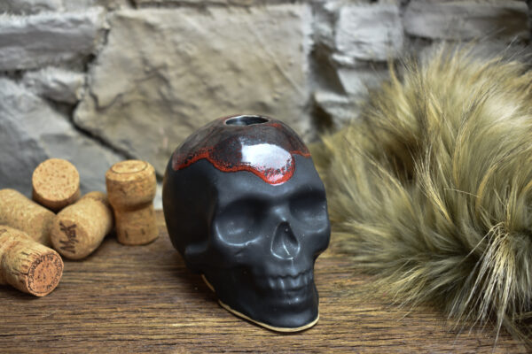 Handmade ceramic skull candle holder black matt and red effect glaze