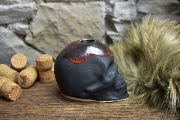 Handmade ceramic skull candle holder black matt and red effect glaze - Image 3