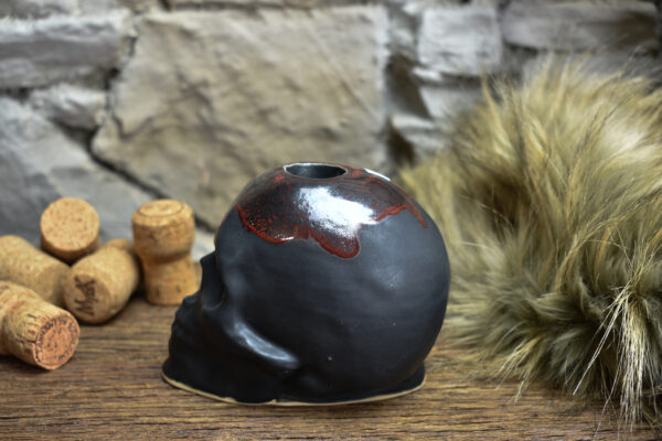Handmade ceramic skull candle holder black matt and red effect glaze - Image 2