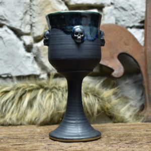 Handmade ceramic wine goblet with skulls - matt black and effect glaze 3