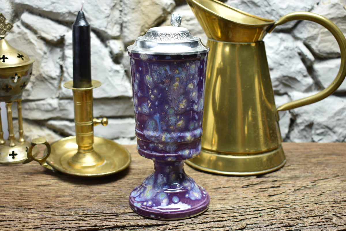 Handmade ceramic chalice with pewter lid - purple effect glaze