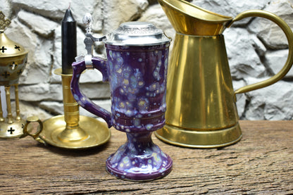 Handmade ceramic chalice with pewter lid - purple effect glaze