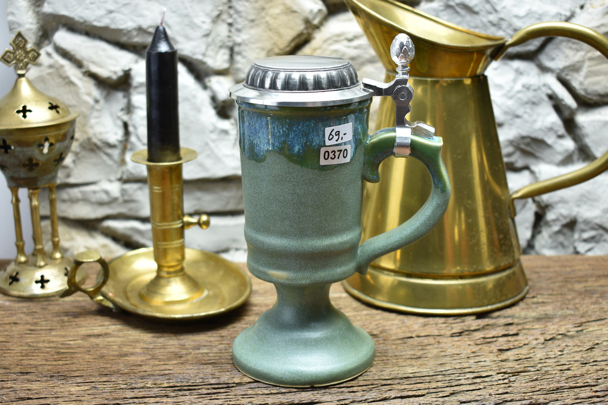 Handmade ceramic chalice with pewter lid - green/effect glaze