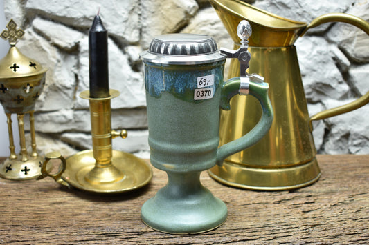 Handmade ceramic chalice with pewter lid - green/effect glaze