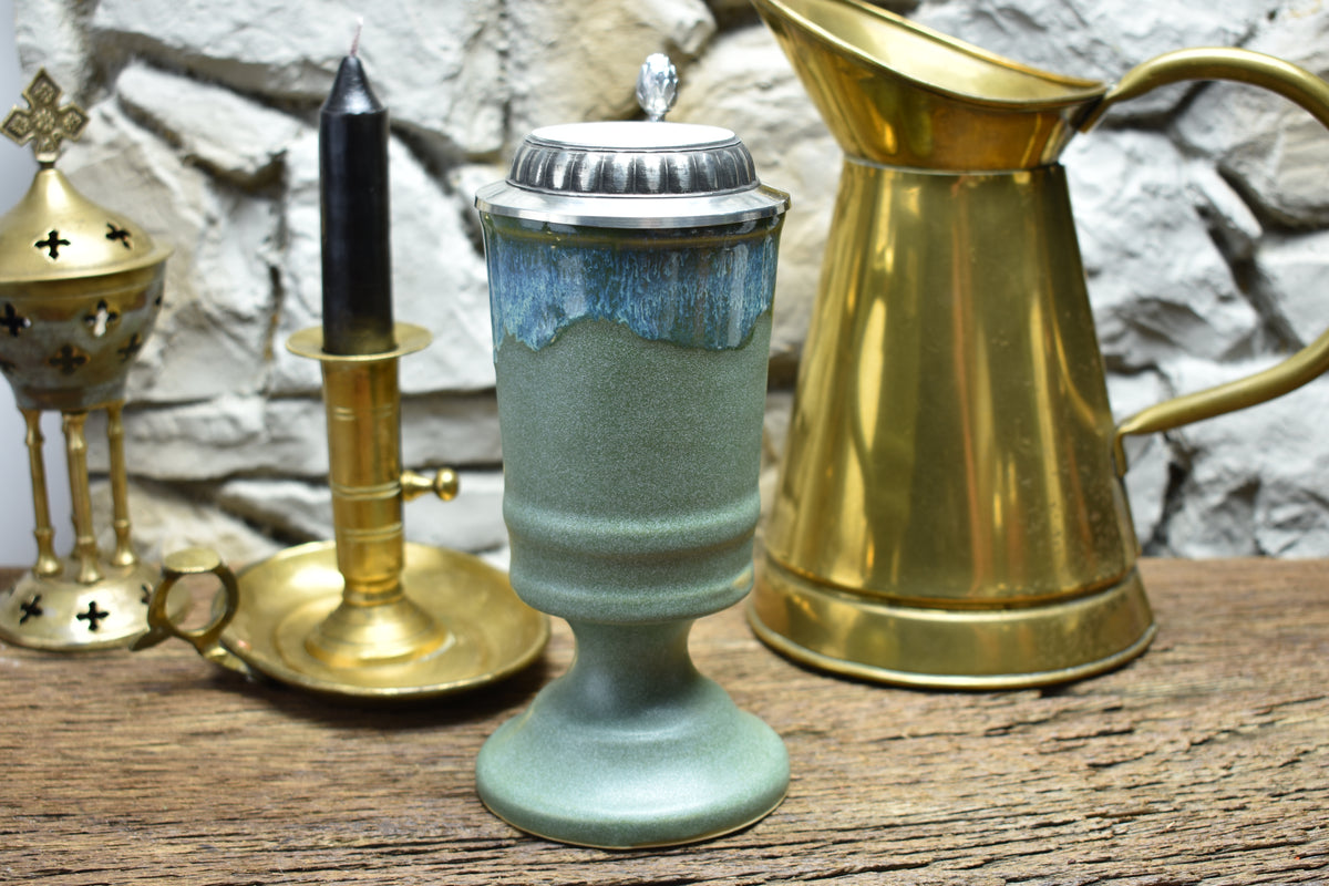 Handmade ceramic chalice with pewter lid - green/effect glaze