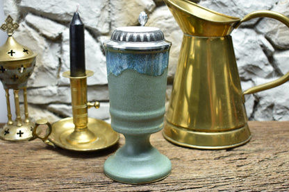 Handmade ceramic chalice with pewter lid - green/effect glaze