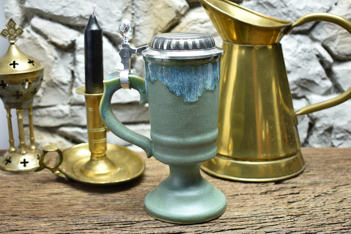 Handmade ceramic chalice with pewter lid - green/effect glaze
