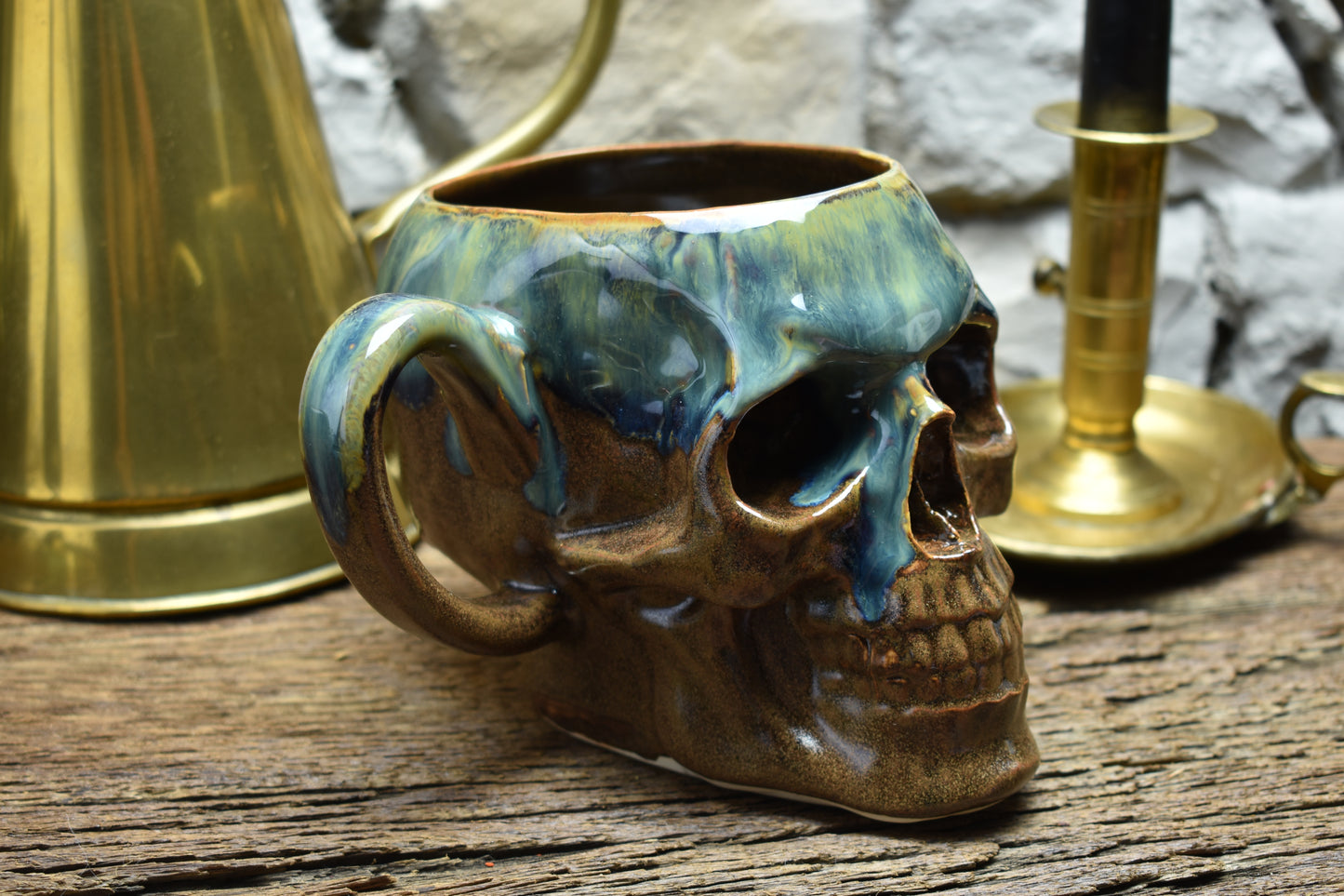 Skull mug Large 800ML blue/brown/green glaze 2