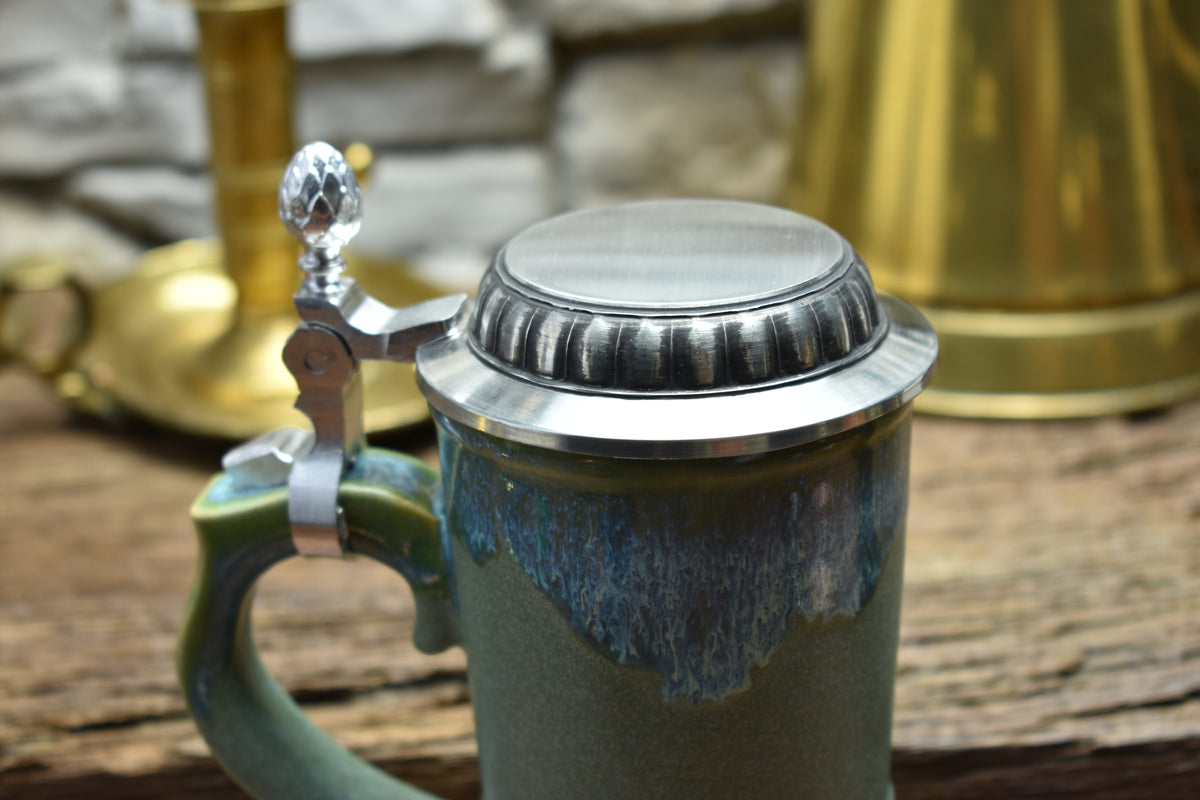 Handmade ceramic chalice with pewter lid - green/effect glaze
