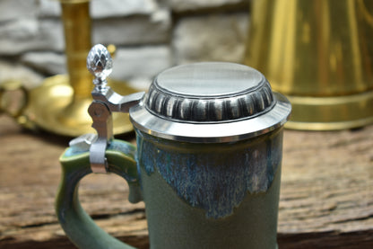 Handmade ceramic chalice with pewter lid - green/effect glaze