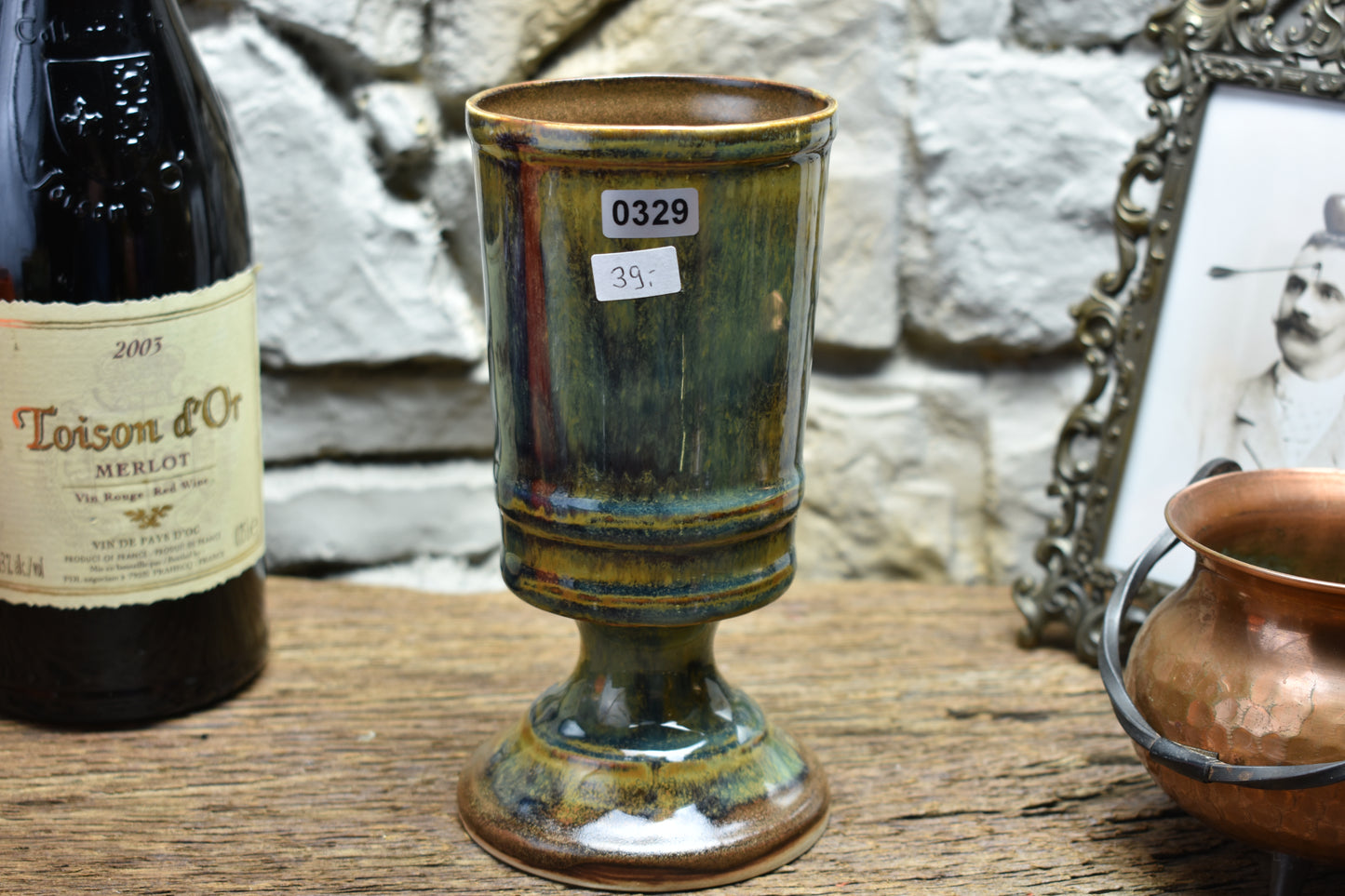 Handmade ceramic chalice - brown/blue/green effect glaze