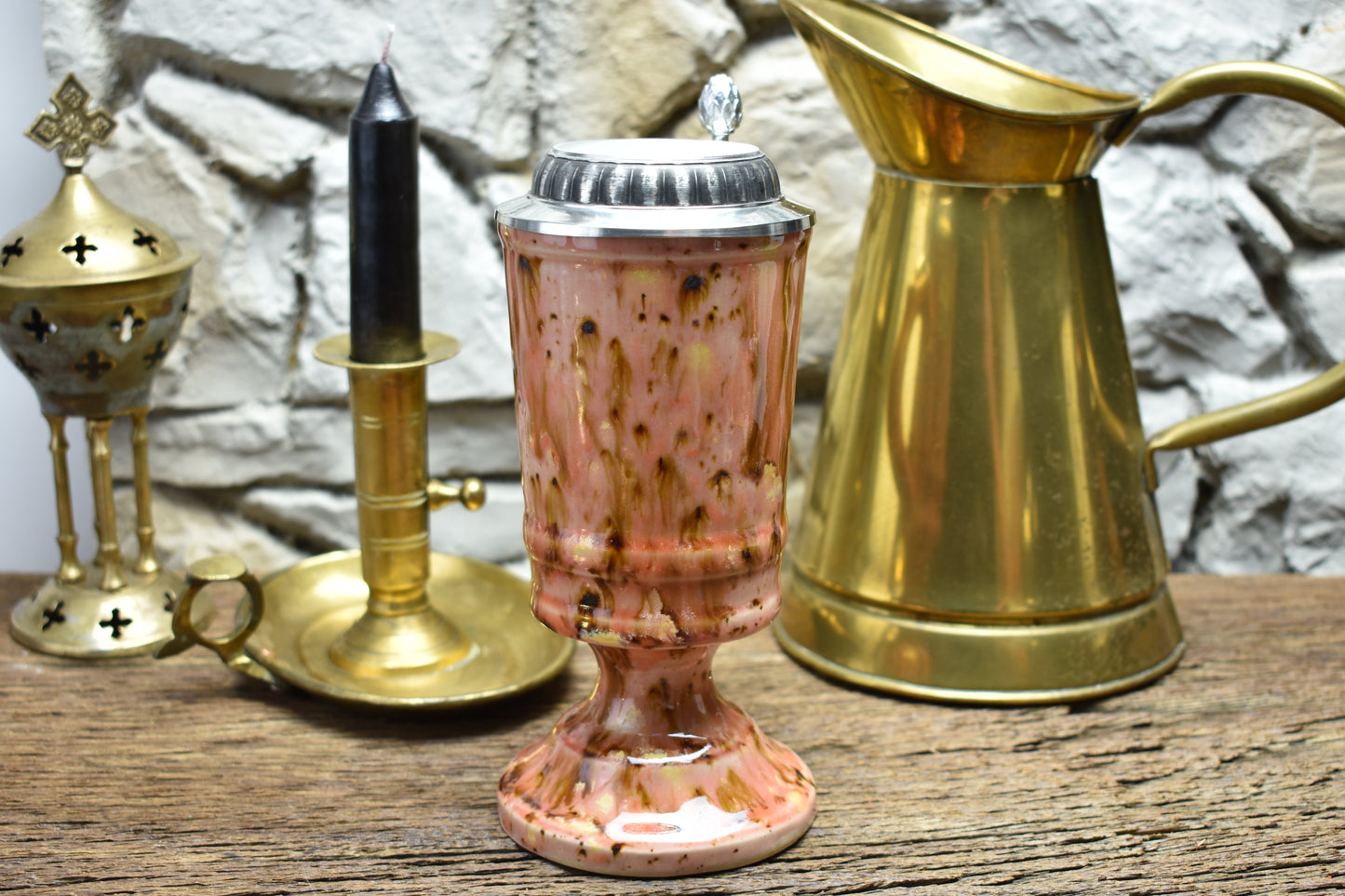 Handmade ceramic chalice with pewter lid - pink effect glaze