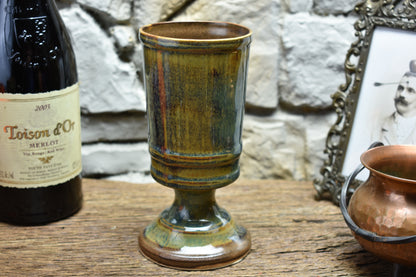 Handmade ceramic chalice - brown/blue/green effect glaze