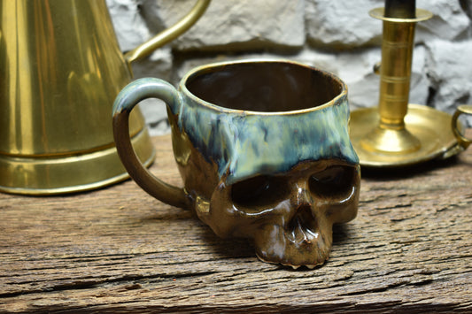 Skull mug medium 500ML blue/brown/green glaze