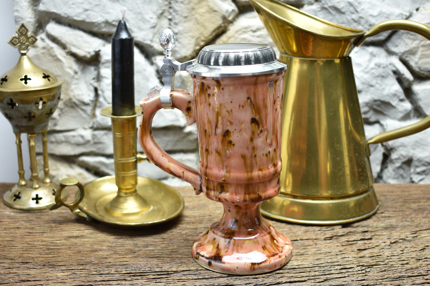 Handmade ceramic chalice with pewter lid - pink effect glaze