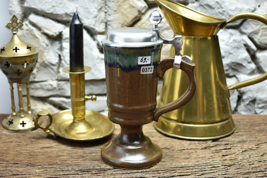 Handmade ceramic chalice with pewter lid - brown/blue/green effect glaze