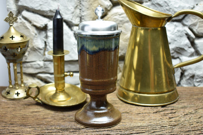 Handmade ceramic chalice with pewter lid - brown/blue/green effect glaze