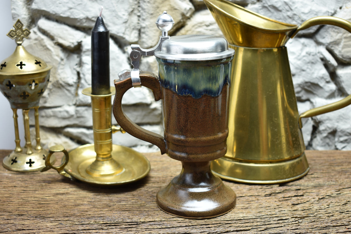 Handmade ceramic chalice with pewter lid - brown/blue/green effect glaze