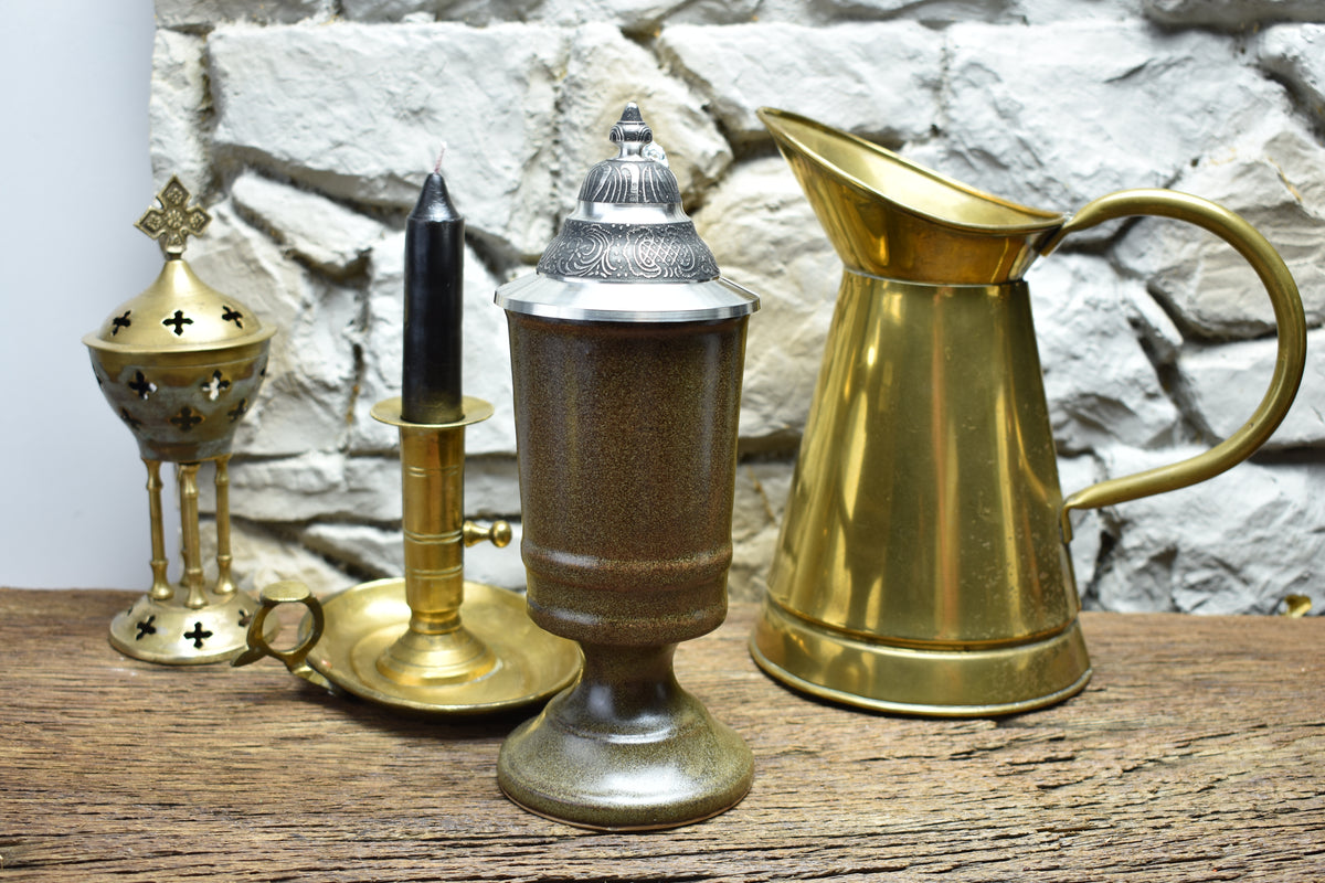 Handmade ceramic chalice with pewter lid - brown