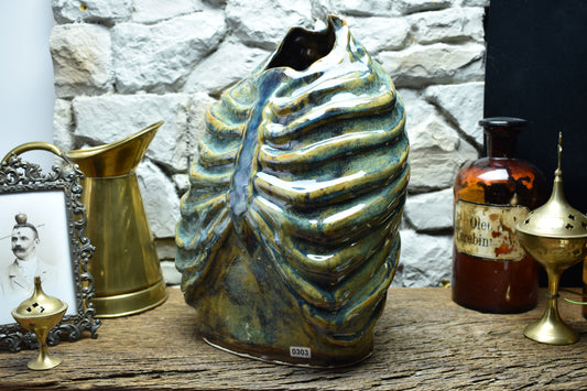 Handmade ribcage vase brown/blue/green effect glaze