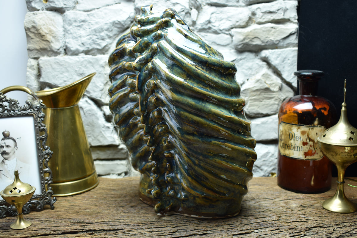 Handmade ribcage vase brown/blue/green effect glaze